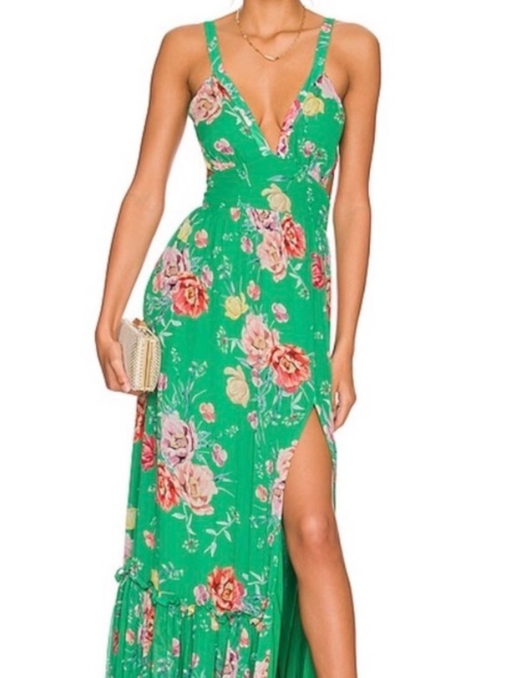 Yumi Kim Green Floral V-Neck Maxi with Side Slit